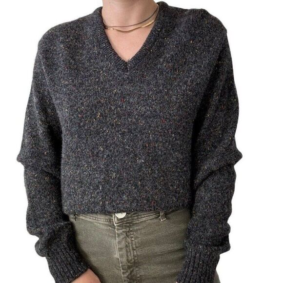 Vintage Robert Bruce Gray Donegal Fleck Wool Chunky V Neck Preppy Sweater Sz L